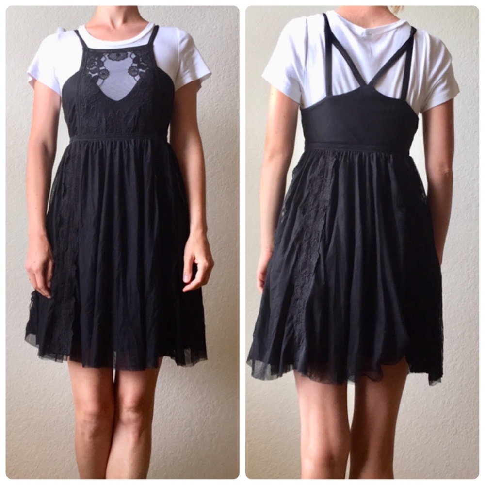 Free people Anthropologie lace tulle black Boho dress